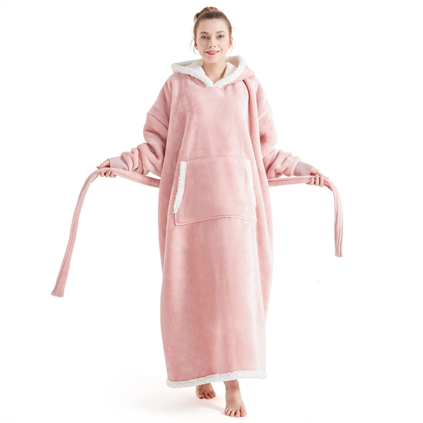 Touchat Wearable Blanket Hoodie, Flannel Sherpa Fleece Hooded Blanket, Oversized Hoodie for Adults Women Men, Sweatshirt Blanket with Hood, Pocket & Sleeves,Gifts for Wife,Mom,One Size Fits All（Pink）