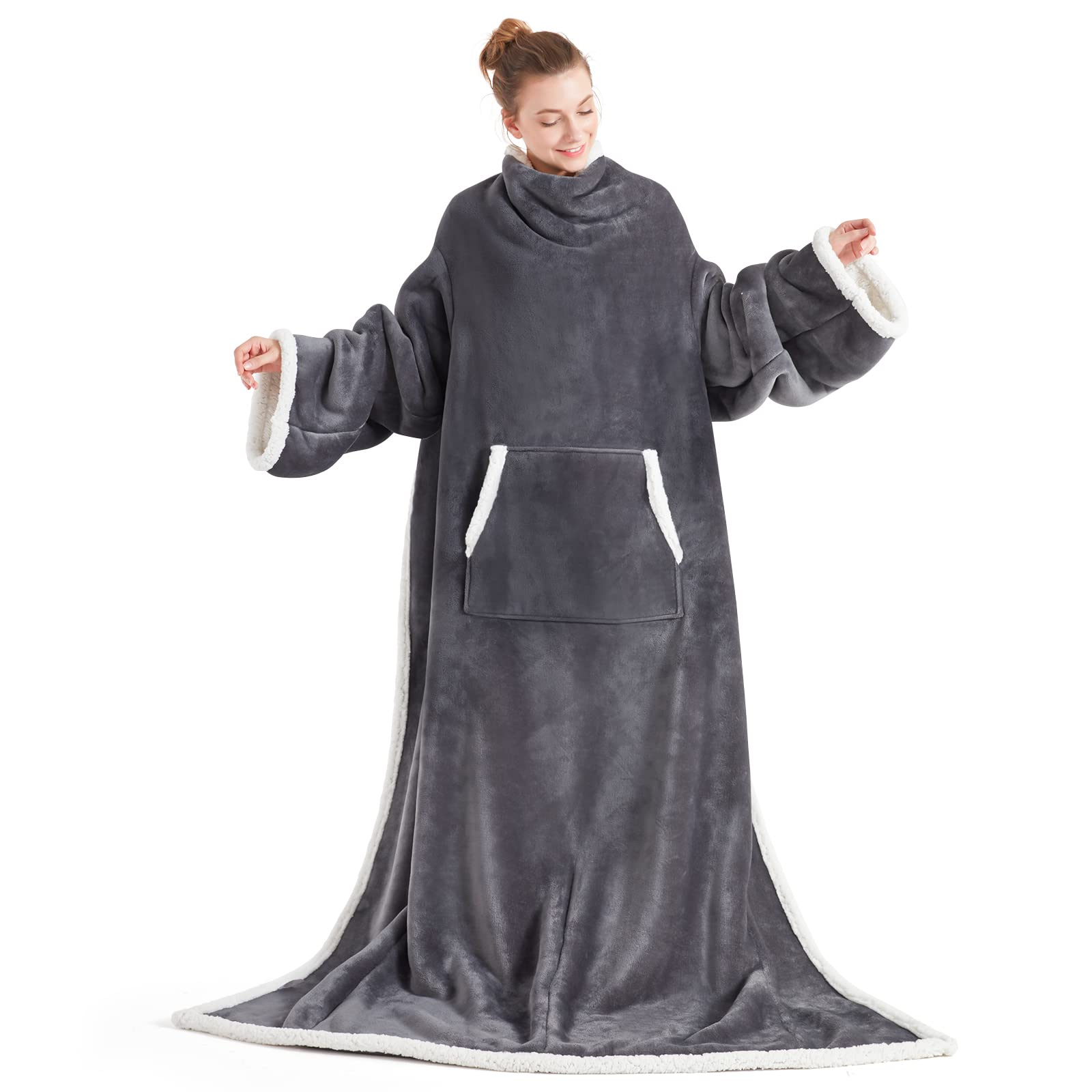 Touchat Wearable Blanket Hoodie, Oversized Blanket Sweatshirt with Hood Pocket and Sleeves, Super Soft Warm Comfy Plush (Grey)