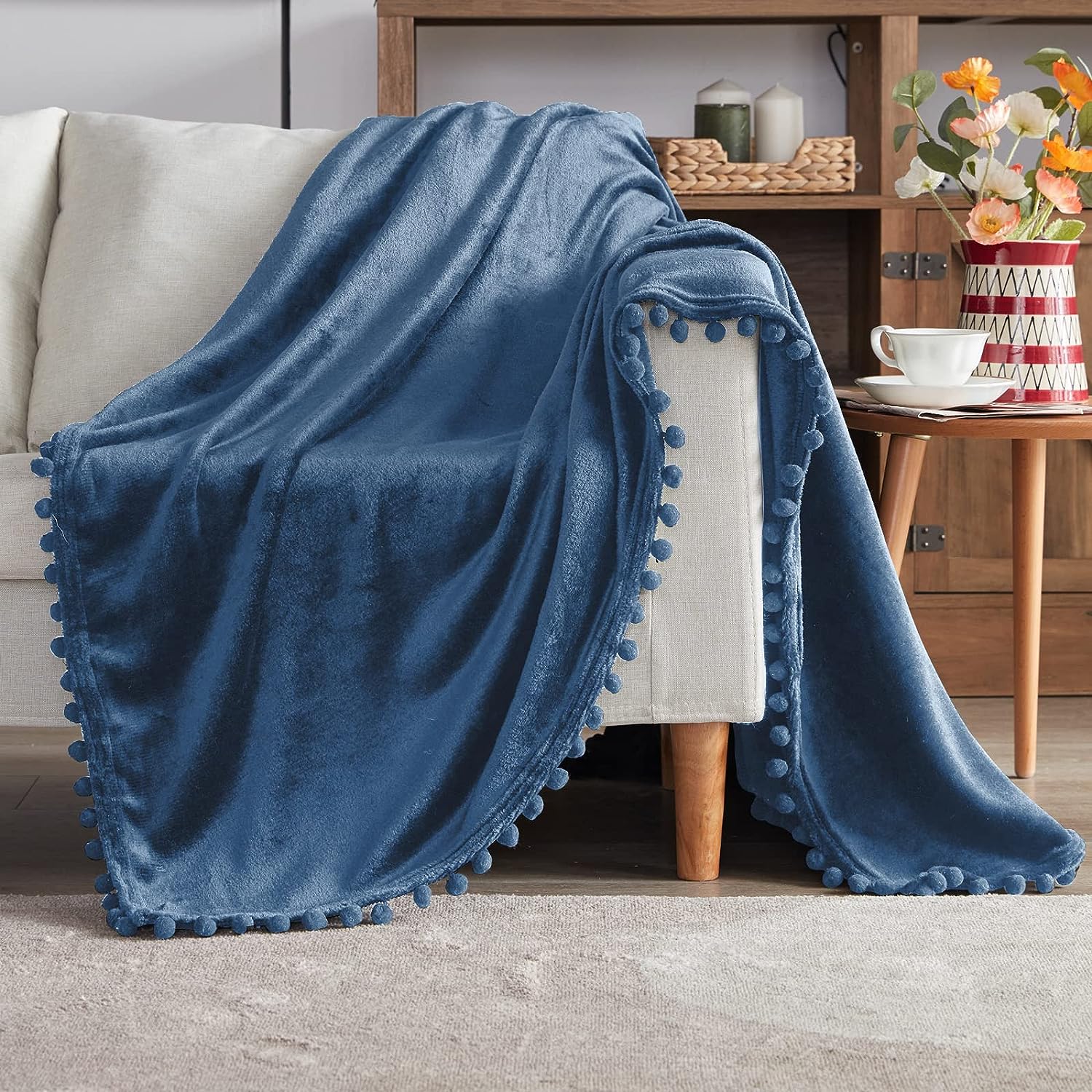 BEAUTEX Fleece Throw Blanket with Pompom Fringe, White Flannel Blankets and Throws for Couch, Super Soft Cozy Lightweight Plush Throw Blanket (50